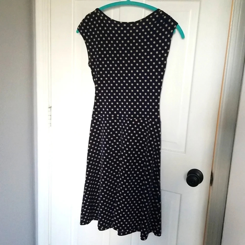 Enfocus Studio 4P Navy Blue and Khaki polka dot fit-to-flare dress. - Picture 6 of 8